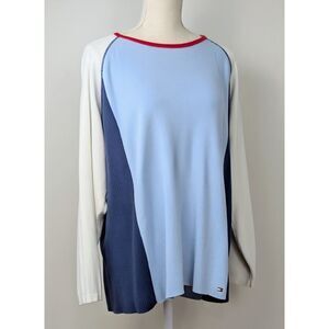 Vintage Tommy Hilfiger Womens Sweater 2X Colorblock Ribbed Red White Blue Y2K